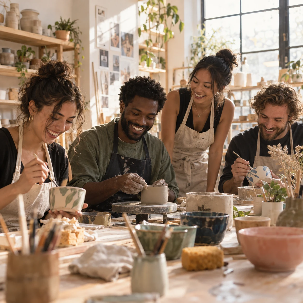 Un grupo de amigos prepara una comida alrededor de una mesa